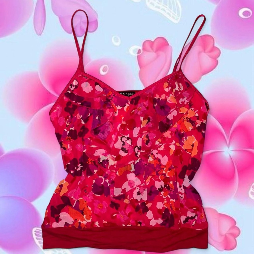 vtg 2010 express fairycore preppy floral ruffle front cinch hem cami, sz md